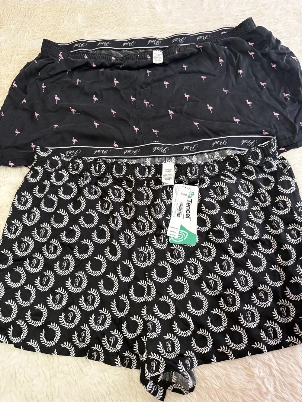 PINK Victoria's Secret Black Shorts with Pink Flamingo & White Laurel Prints